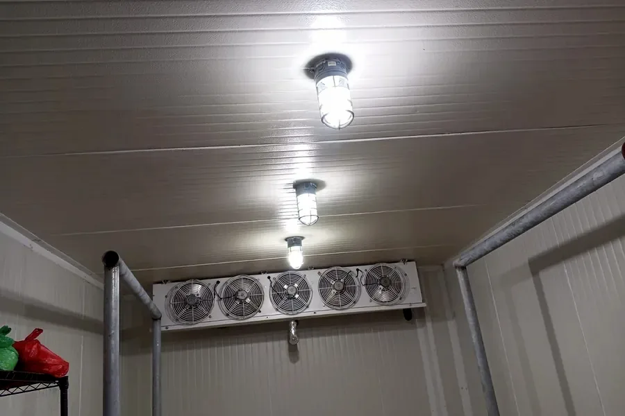 Cuarto frío con evaporador de cinco ventiladores instalado en el techo